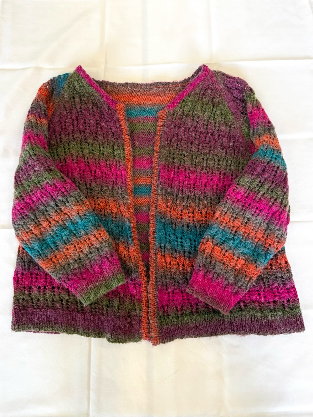 Handknit Rainbow Striped Open Front Cardigan Boho OS
